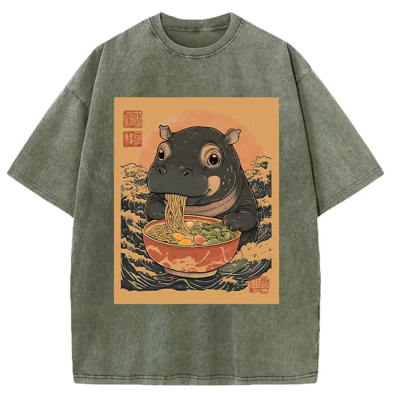 Moo Deng Eat Ramen Washed T-Shirt