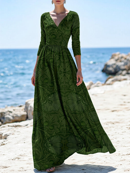 Maxi Linen Dress, Half Sleeve, V Neck, Floral, Vacation, Vintage, Deep Green
