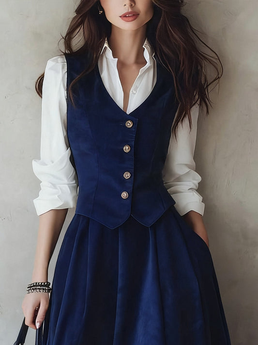 Cotton Vest, Sleeveless, V Neck, Plain, Button Design, Vintage, Blue