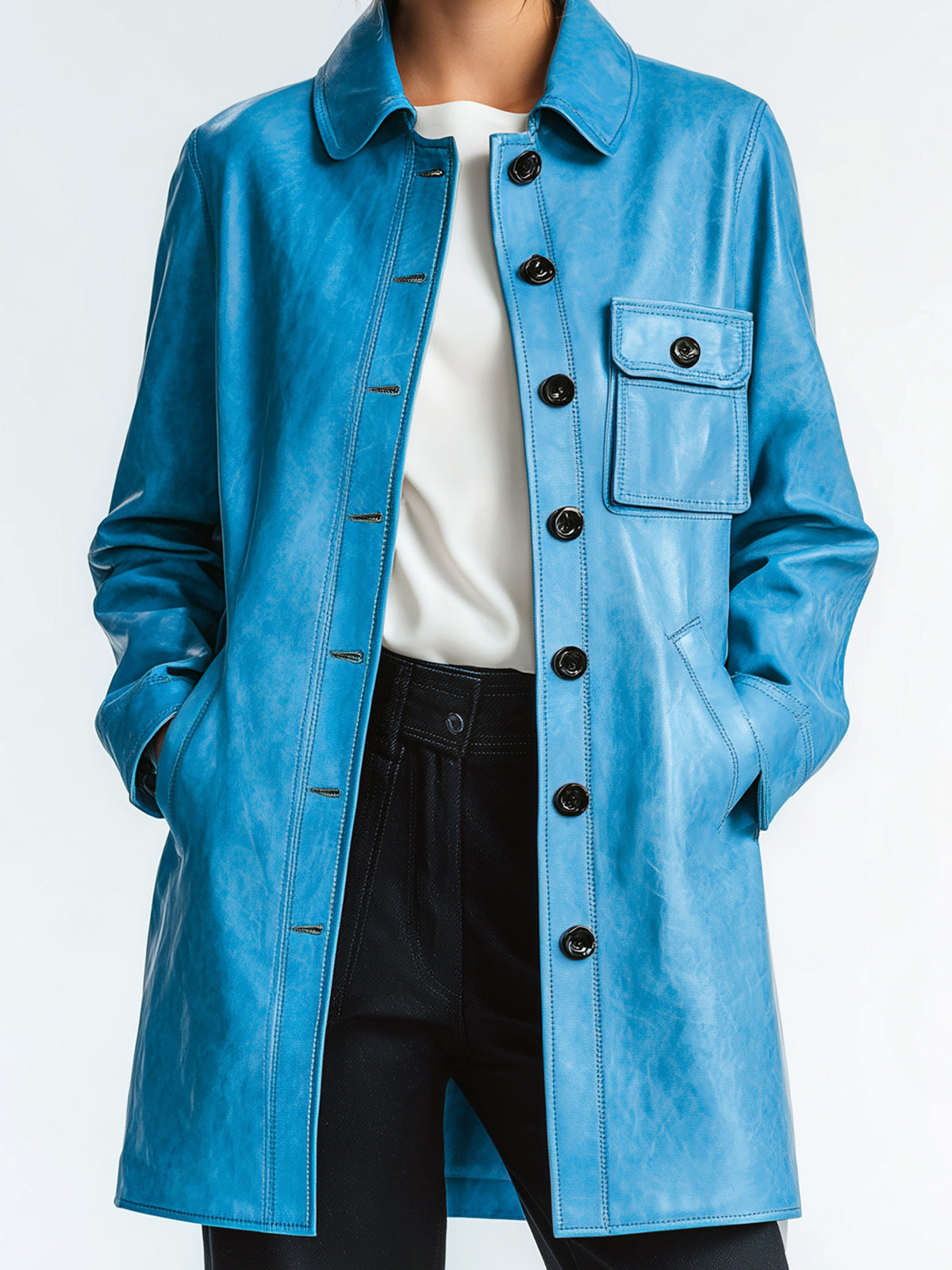 Taidalw Chic Vintage Blue Faux Leather Lapel Single-Breasted Utility Pocket Mid-Length Jacket