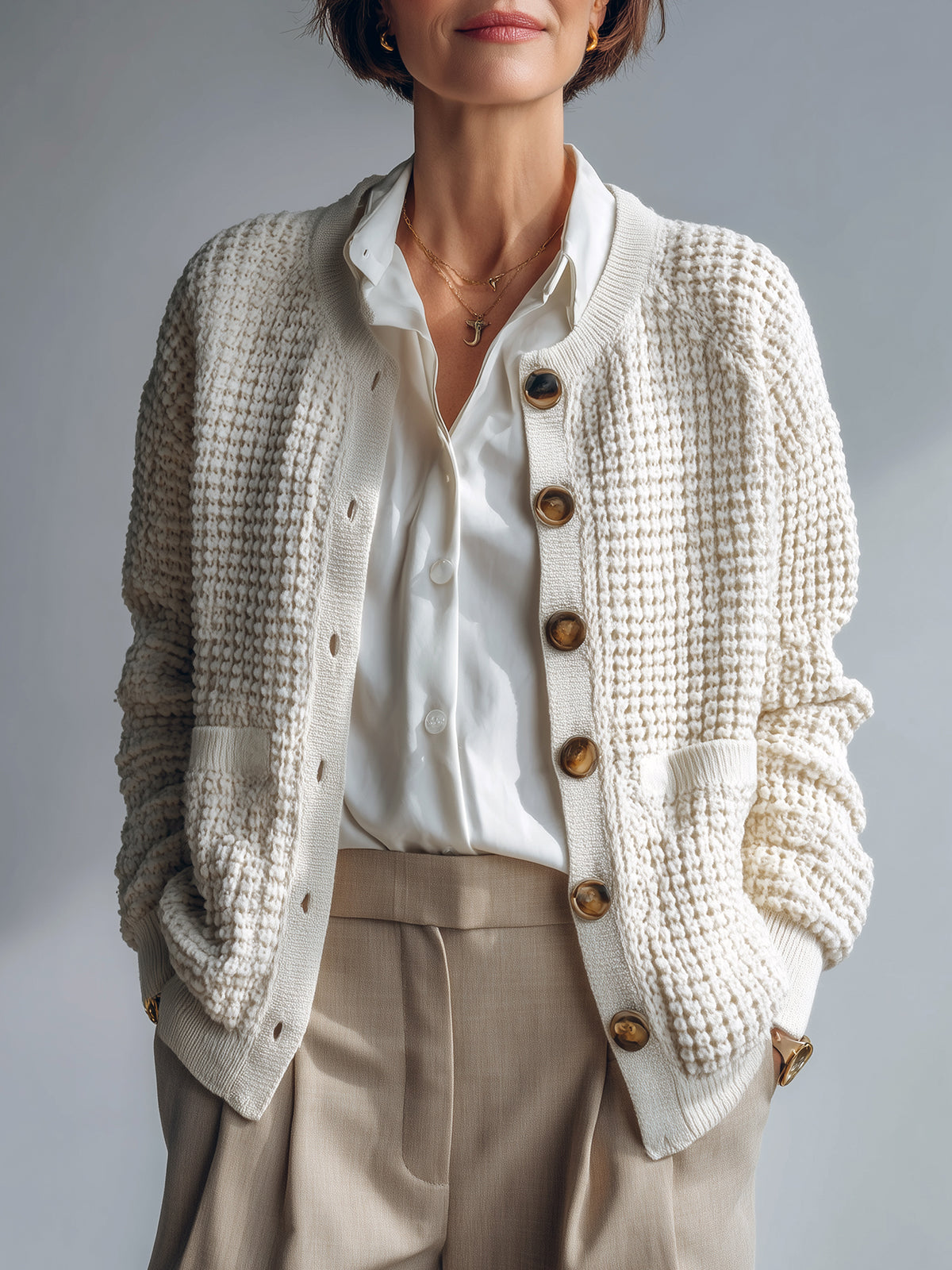 Taidalw Chic Vintage Cream White Crew Neck Single Breasted Patch Pocket Slouchy Textured Knit Cardigan