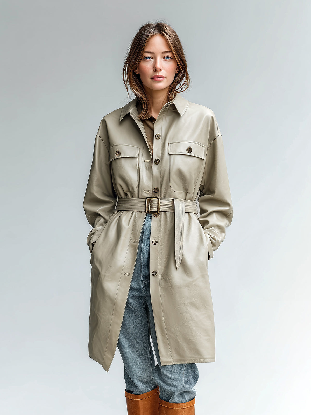 Taidalw Chic Casual Light Khaki Faux Leather Utility-Style Lapel Single Breasted Belted Mid-Length Coat