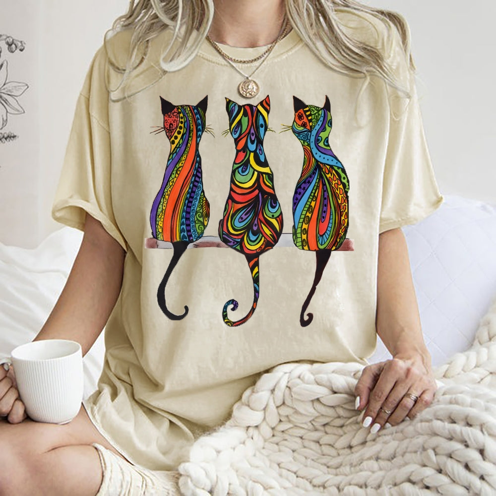 Unisex Colorful Geometric Cat Printed Washed Tee