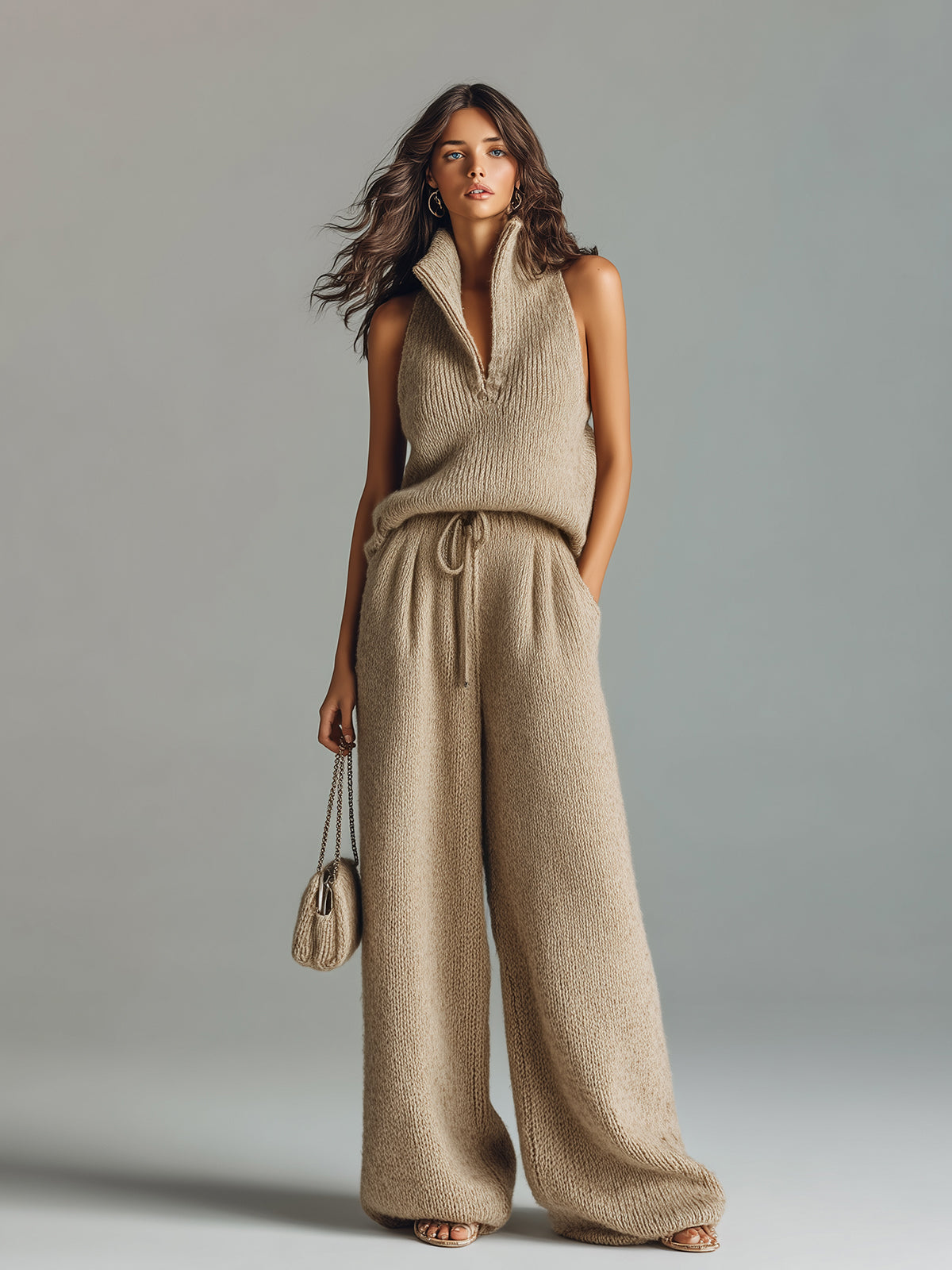 Taidalw Chic Elegant Camel Stand Collar V-Neck Sleeveless Sweater  Wide-Leg Pants Ribbed Knit Two-Piece Set