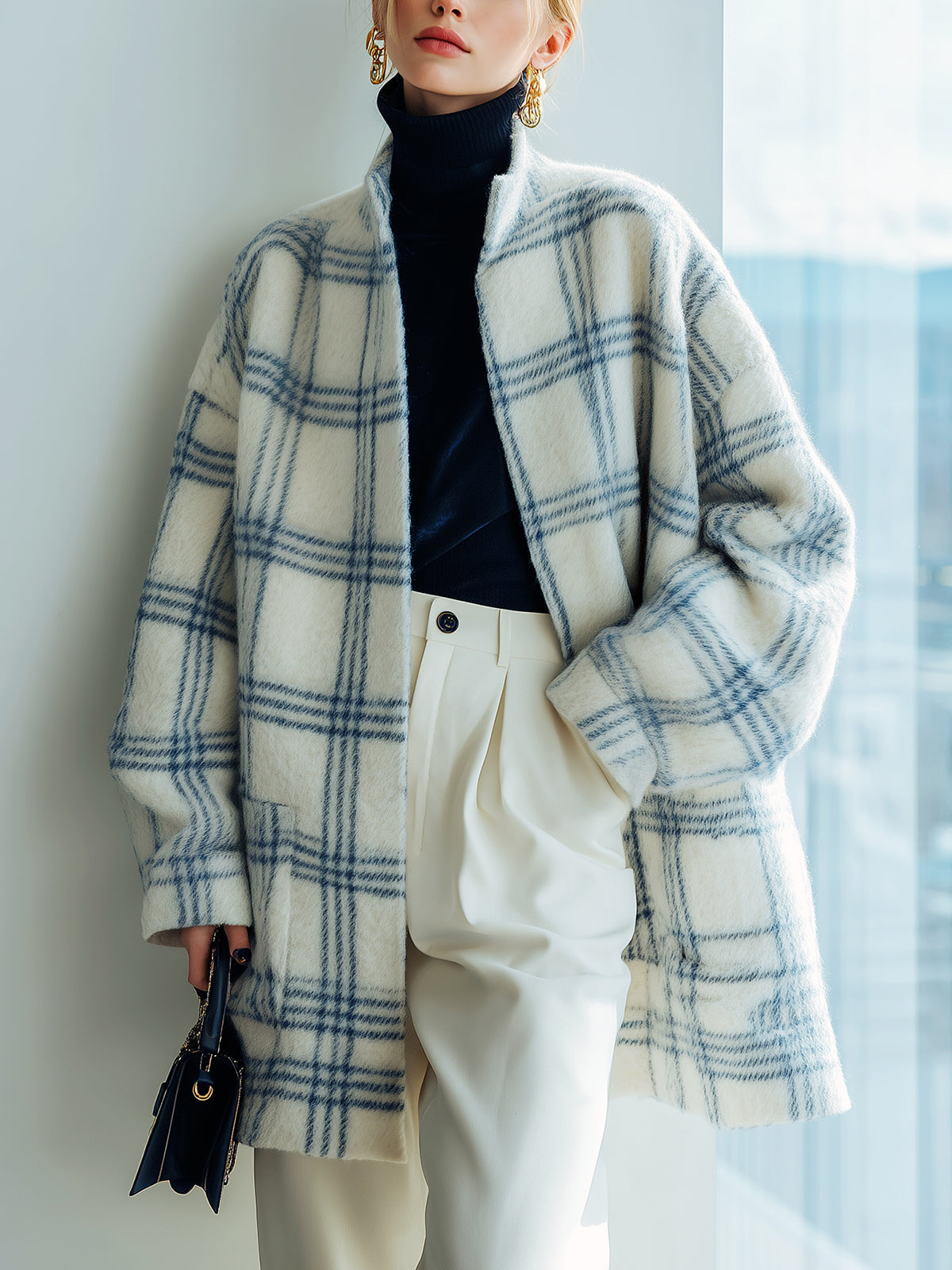 Taidalw Chic Vintage Navy Plaid Wool Blend Stand Collar Slouchy Mid-Length Fuzzy Jacket