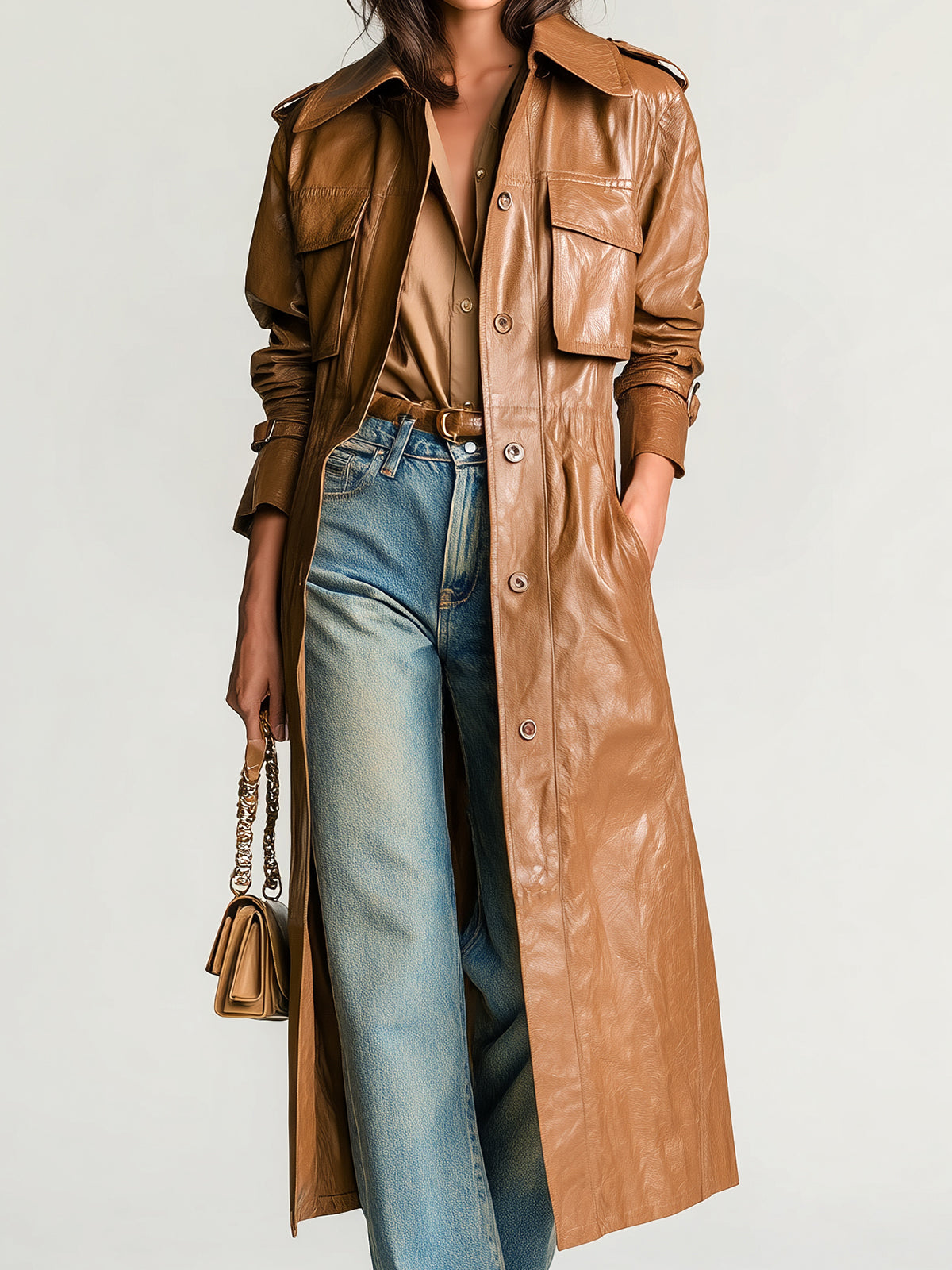 Taidalw Chic Vintage Camel Faux Leather Lapel Single-Breasted Multi-Pocket Long Trench Coat