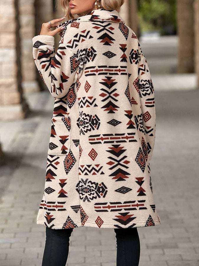 Women's Single Breasted Ethnic Style Printed Plush Long Coat