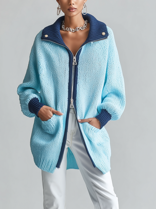 Taidalw Chic Vintage Blue Colorblock Turn-Down  Collar Zipper Long Sleeve Loose Knit Cardigan