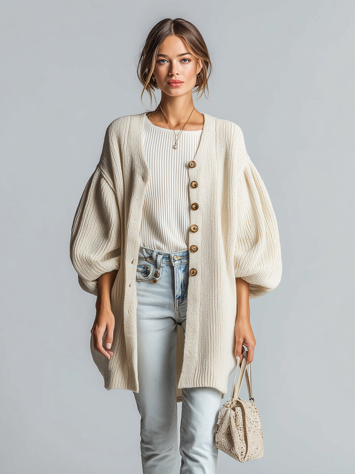 Taidalw Chic Vintage Cream White Puff Sleeve Single-Breasted Oversized Ribbed Mid-Length Knit Cardigan