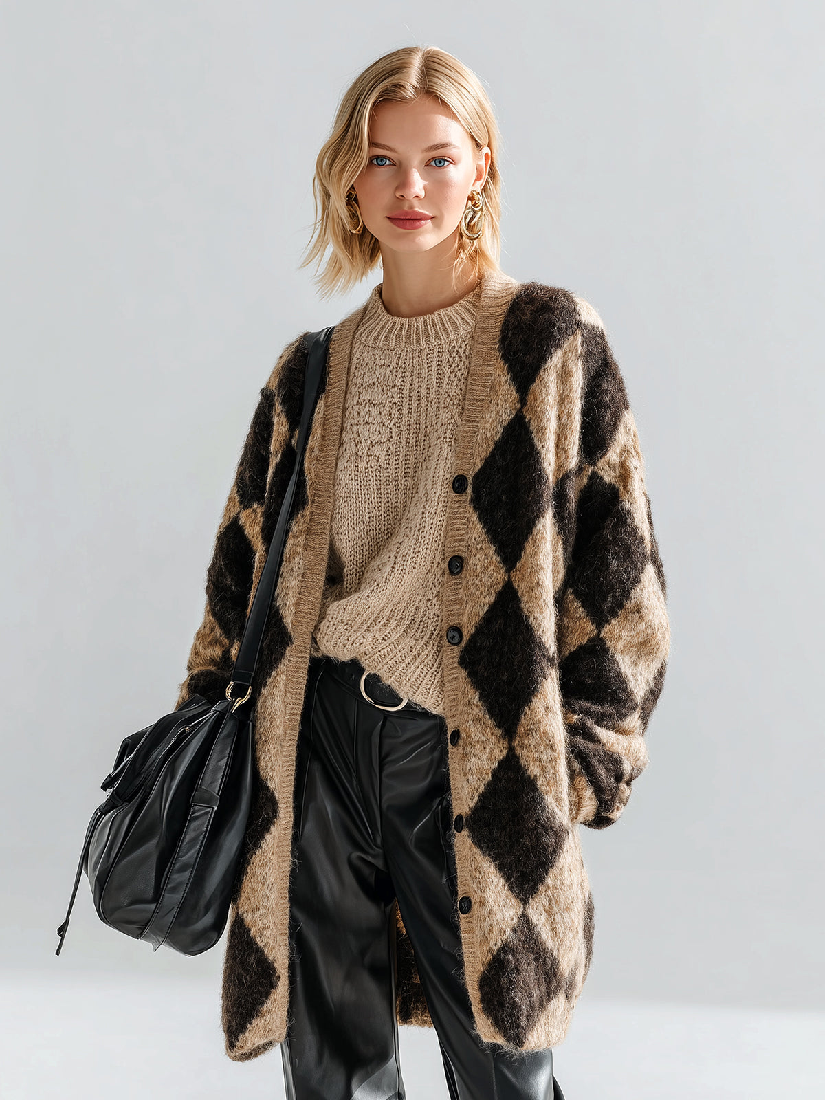 Taidalw Chic Vintage Contrast Argyle Oversized Long Sleeve Mid-Length Fuzzy Knit Cardigan