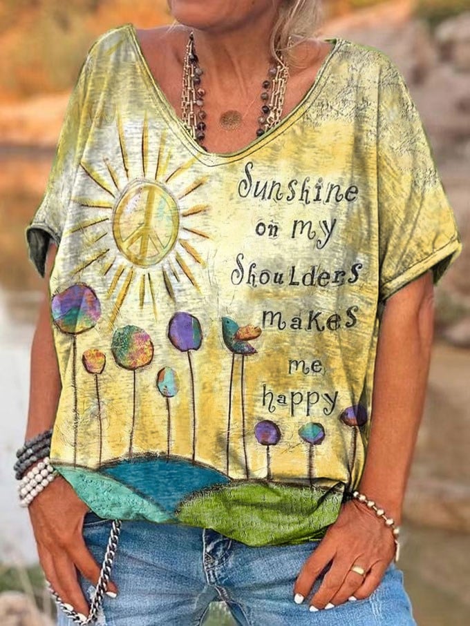 Women's Hippie Sunshine On My Shoulders Make Me Happy Printed V-Neck T-Shirt