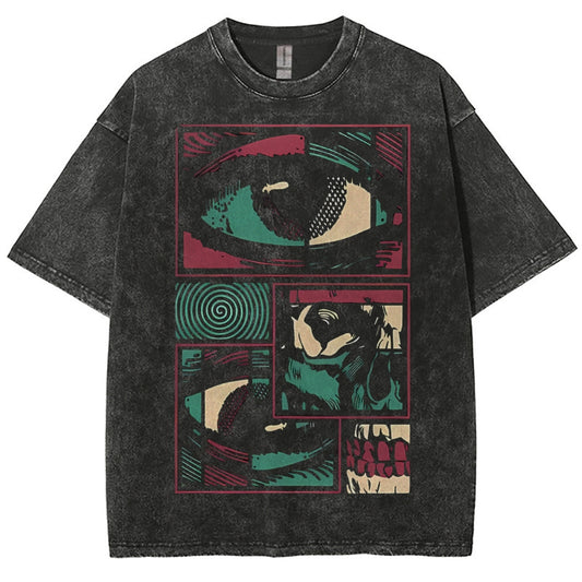Unisex Abstract Art Eyes Printed Washed Tee