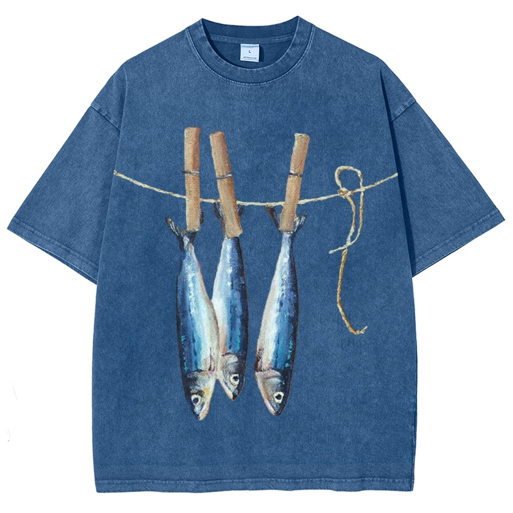Unisex Sardines Printed Casual Washed T-shirt