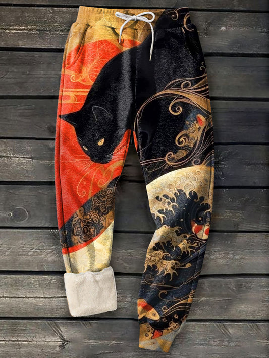 Men's Black Cat Japanese Art Print Casual Winter Fleece Comfy Pants