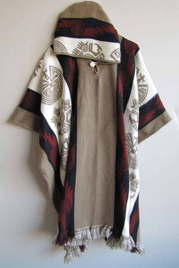 Ethnic Tribal Totem White Khaki Knitted Cape