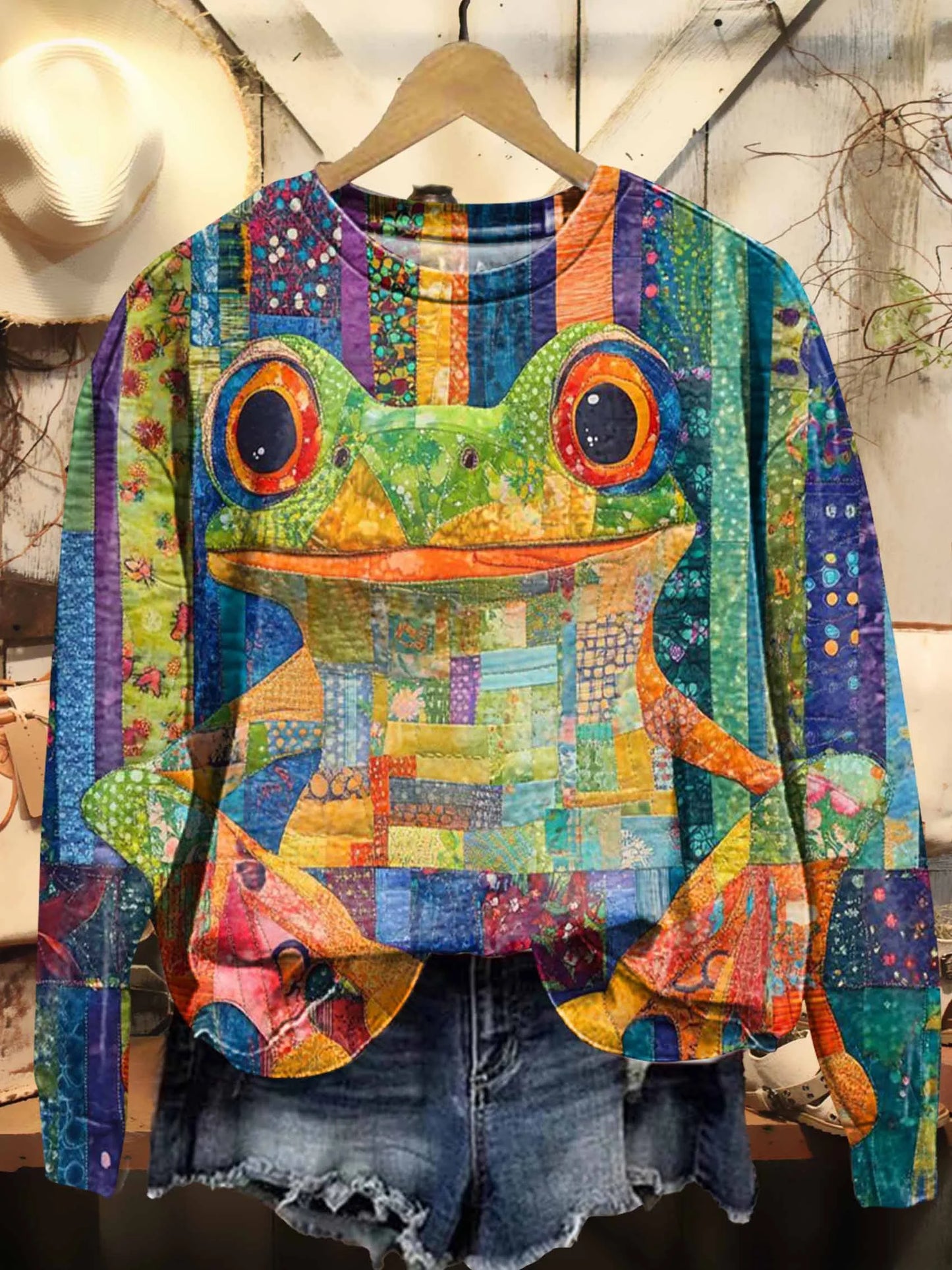 Colorful Trippy Frog Print Cotton Crew Tee