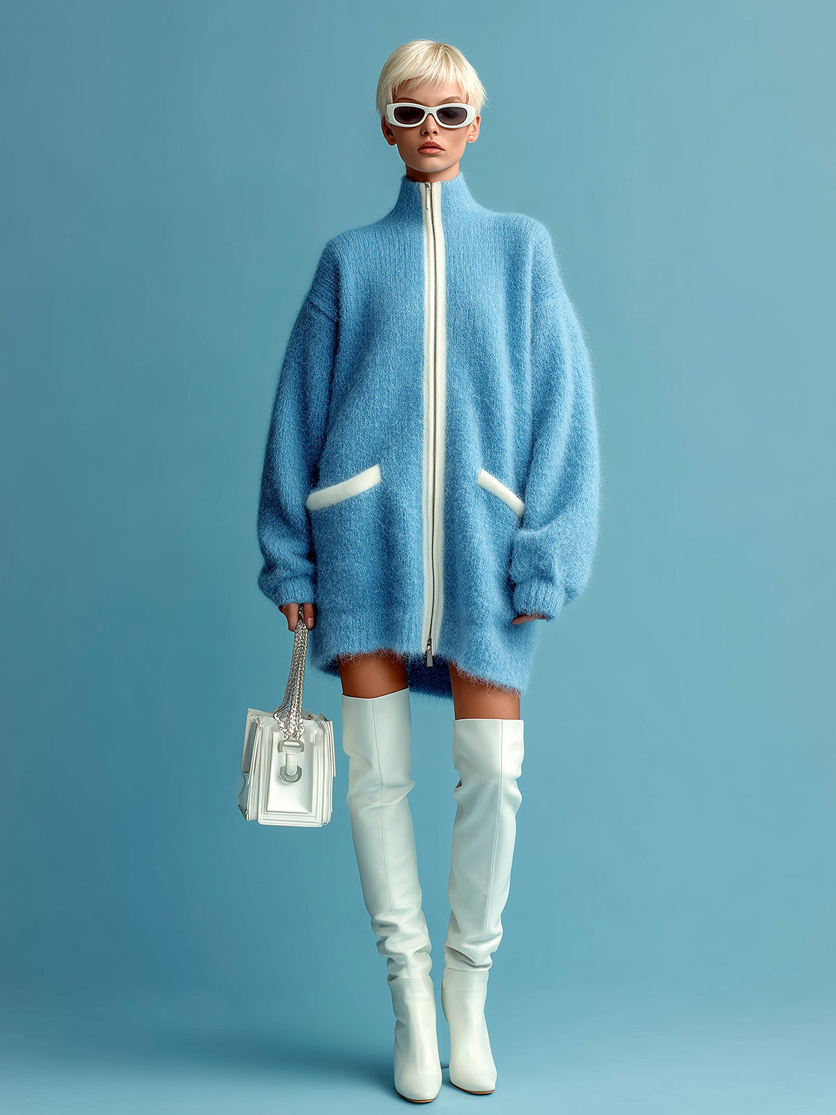 Taidalw Casual Chic Blue Stand Collar Zipper-Front Contrast Trim Oversized Long Sleeve Knit Cardigan