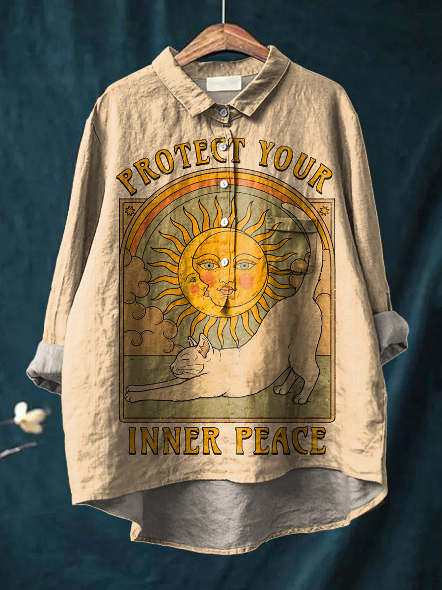 Vintage Protect Your Inner Peace Art Print Casual Cotton And Linen Shirt