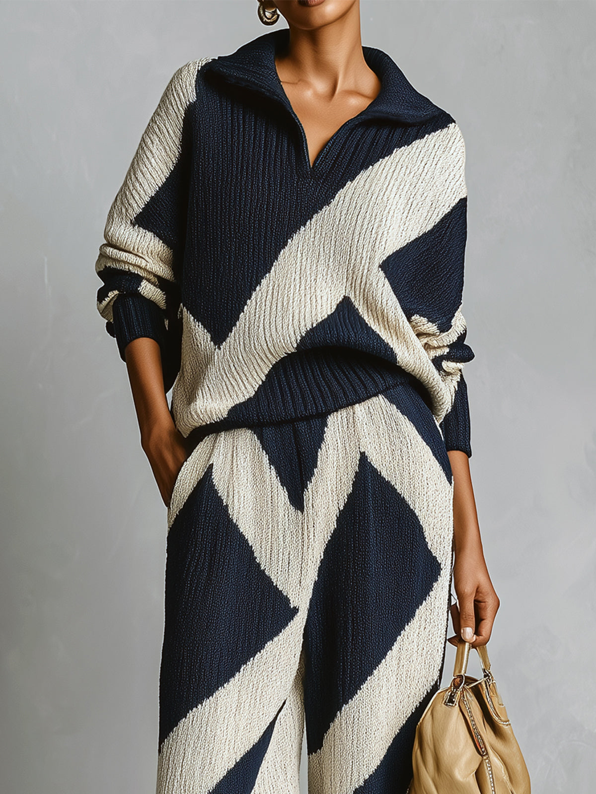 Taidalw Chic Elegant Geometric Jacquard Lapel Long-sleeved Polo Sweater Wide-leg Pants Knitted Two-piece Set
