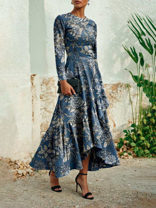 Maxi Linen Dress, Long Sleeves, Round Neck, Floral, Ruffles, Vintage, Deep Blue