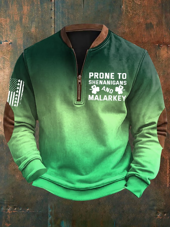 Men's St. Patrick's Day Prone to Shenanigans and Malarkey Shamrock Flag Print Casual Zipper Pullover