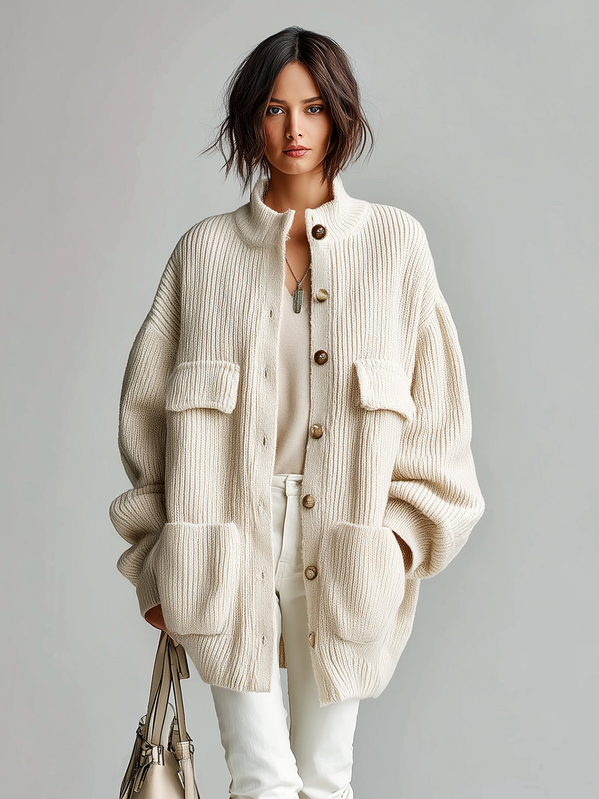 Taidalw Chic Vintage Cream White Stand Collar Utility Pocket Single-Breasted Oversized Ribbed Knit Cardigan