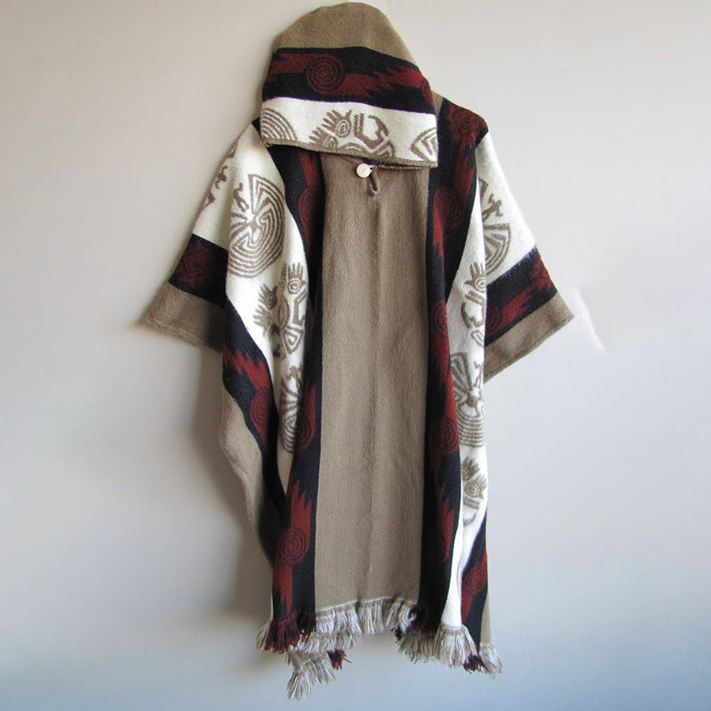 Ethnic Tribal Totem White Khaki Knitted Cape