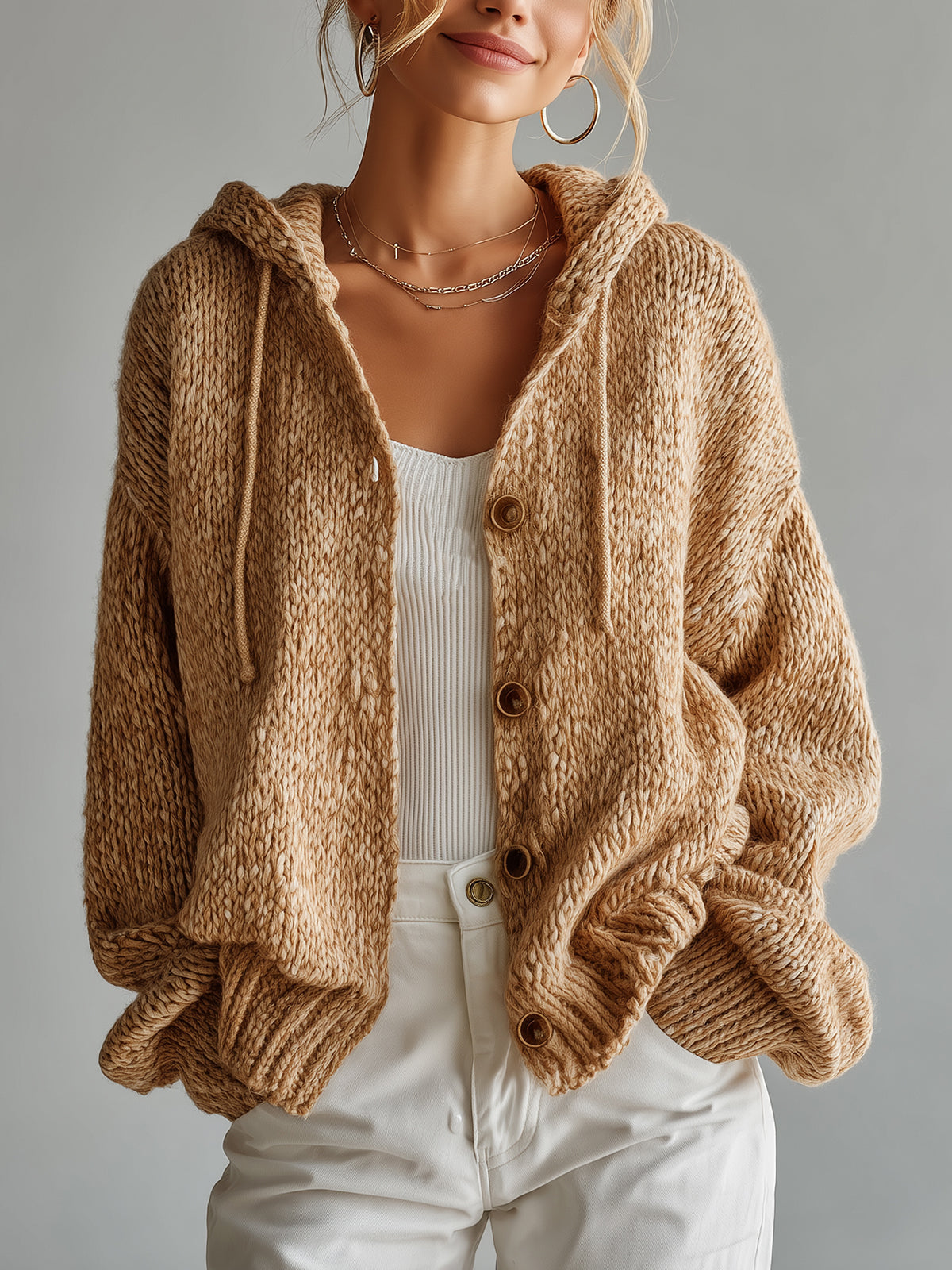 Taidalw Chic  Casual Camel Hooded Wooden Button Slouchy Chunky Knit Cardigan