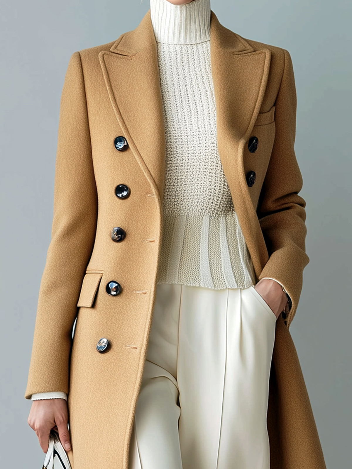 Taidalw Chic Casual Solid Color Wool Blend Peaked Lapel Double-Breasted Tailored Warm Long Coat