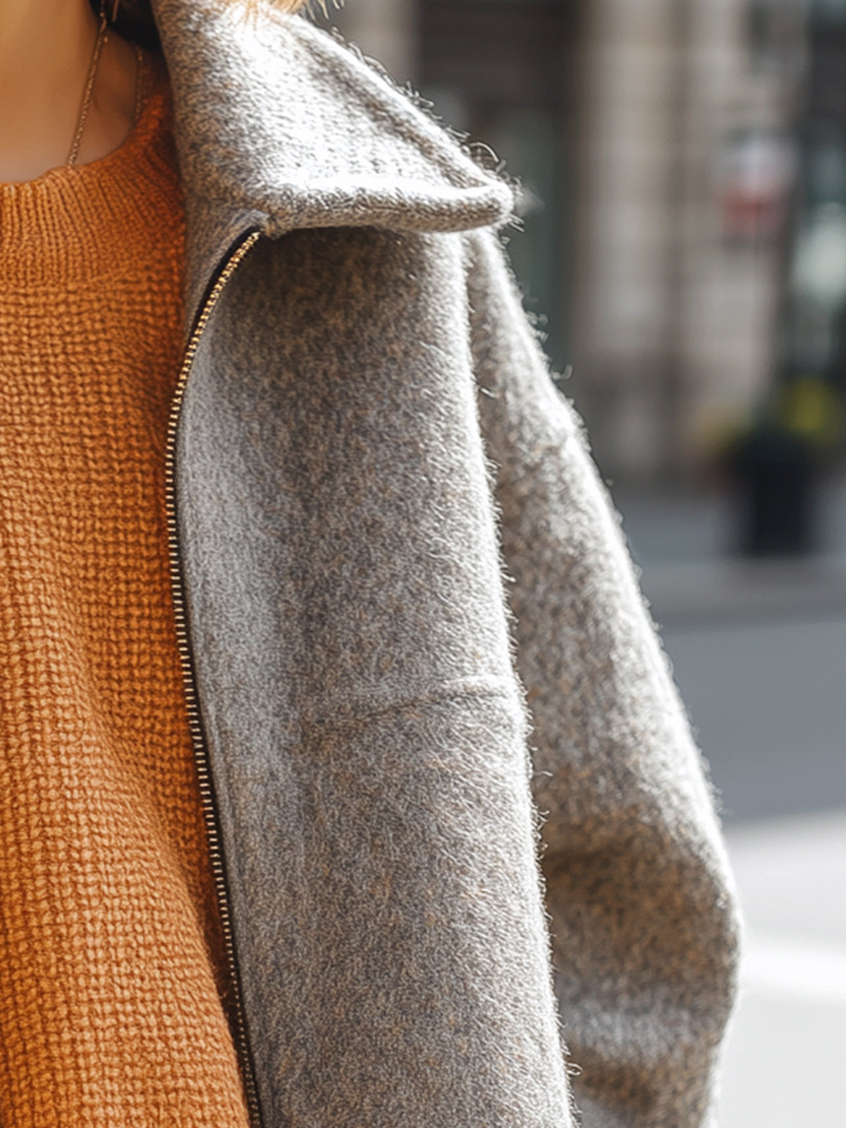 Taidalw Casual Chic Gray Wool Blend Lapel Zip-Front Oversized Warm Coat