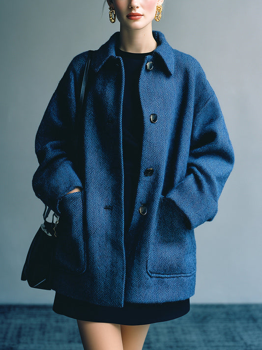 Taidalw Chic Vintage Dark Blue Herringbone Wool Blend Lapel Single-Breasted Large Pocket Slouchy Short Coat