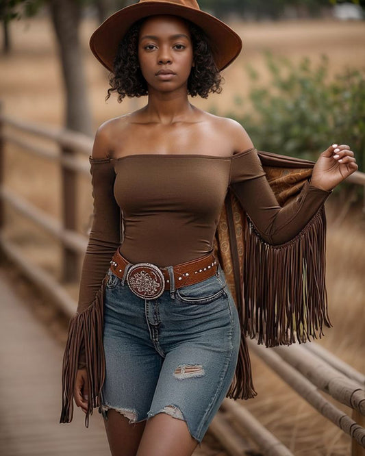 Western Off-shoulder Fringe Top
