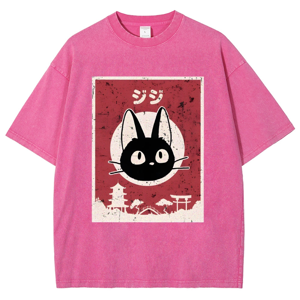Unisex Cat Printed Washed Tee