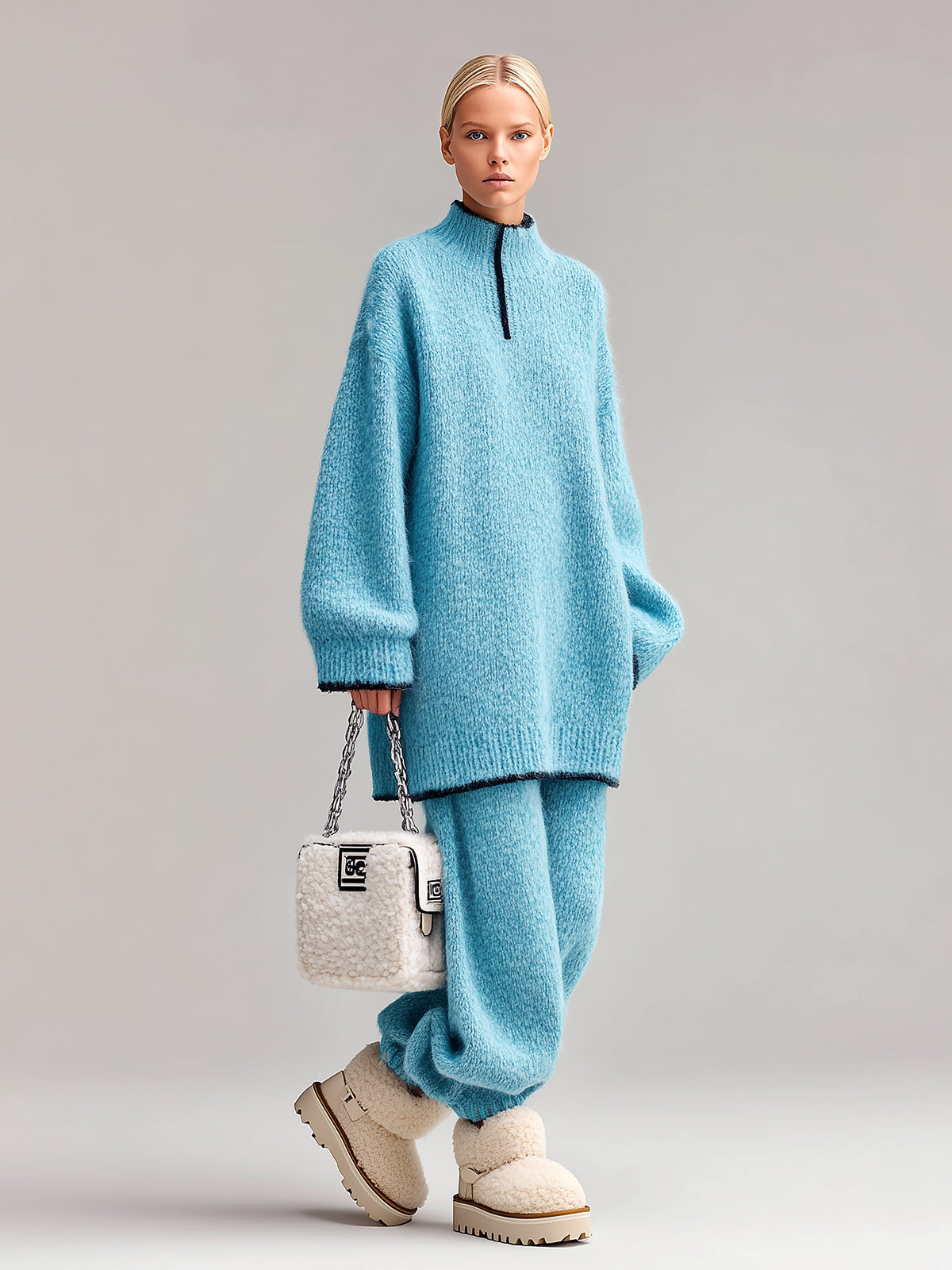 Taidalw Chic Casual Baby Blue Fuzzy Half-Zip Mock Neck Contrast Trim Long-Sleeve Sweater Cuffed Pants Oversized Knit Two-Piece Set
