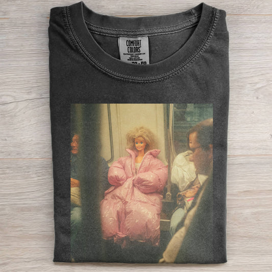 PINK DOWN JACKET BARBIECORE ON THE SUBWAY TEE