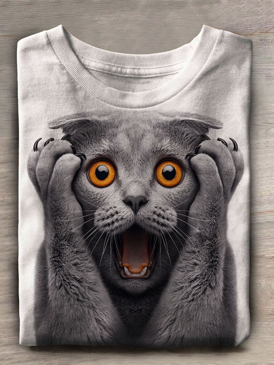 Funny Cat Print Casual Short Sleeve Top