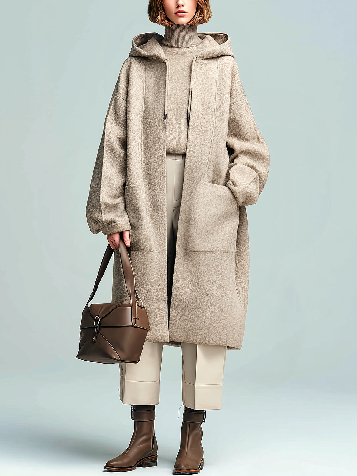 Taidalw Chic Vintage Khaki Wool Blend Hooded Patch Pocket Slouchy Mid-Length Coat