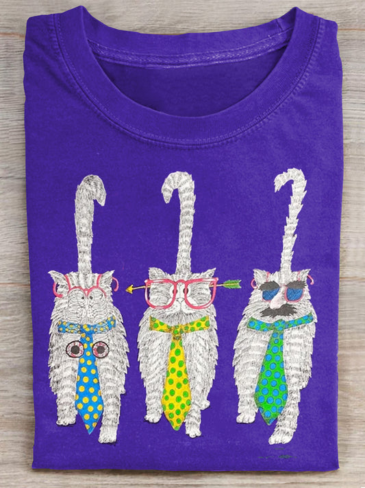 Vintage 90s Cat Art Print Casual Short Sleeve T-shirt