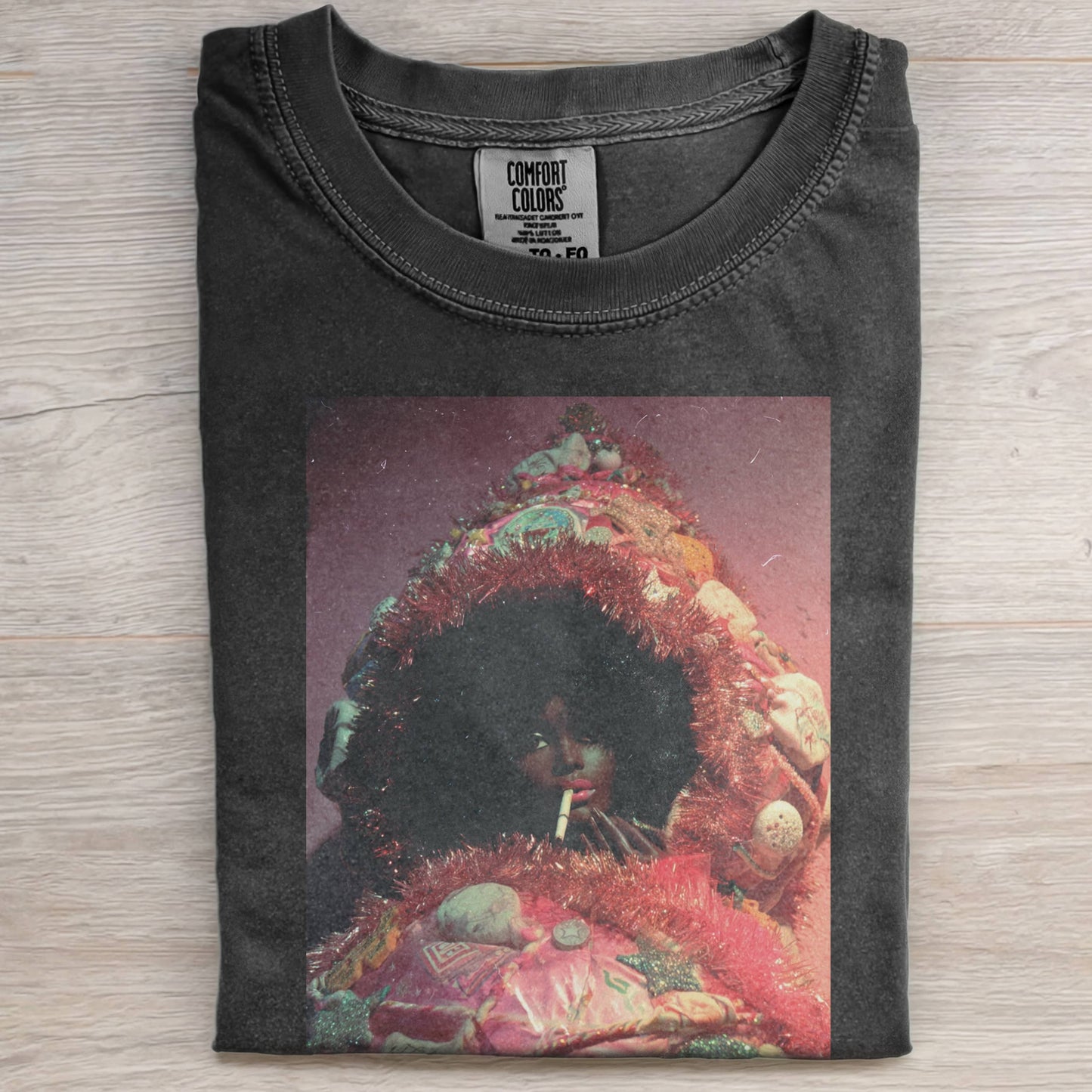 PINK CHRISTMAS TREE AND BLACK LEATHER BARBIECORE T-SHIRT
