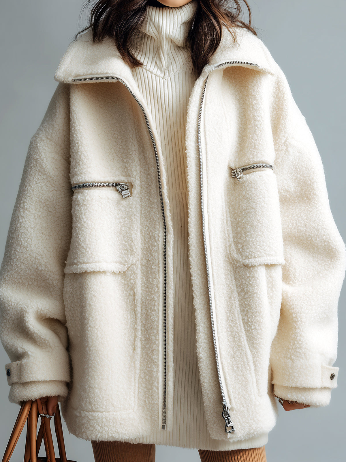 Taidalw casual Faux Lambswool Lapel Zipper Front Multi-pocket Oversized Warm Coat