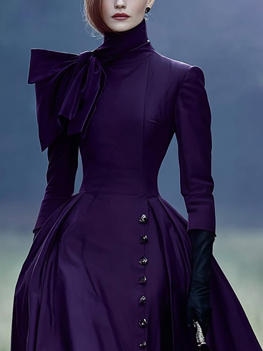 Maxi Cotton Dress, Half Sleeve, Turtleneck, Plain, Button Design, Vintage, Deep Purple, Halloween
