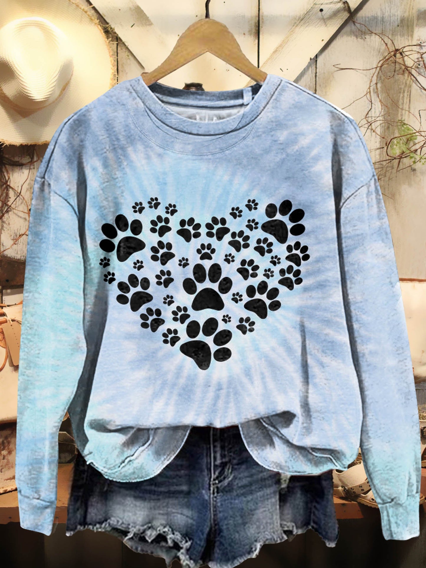 Colorful Tie Dye & Puppy Paw Heart Prints Casual Sweatshirt