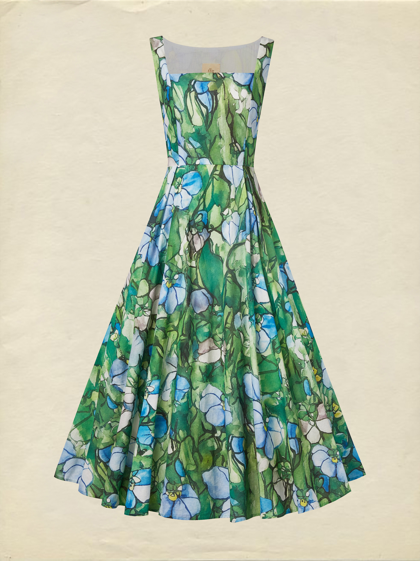 Maxi Linen Dress , Sleeveless, Square Neck, Floral, Church Glass, Vacation, Vintage, Green