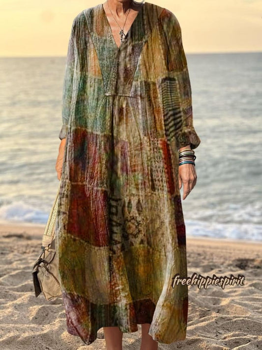 Women's Retro Art Print V-Neck Long Sleeve Dress