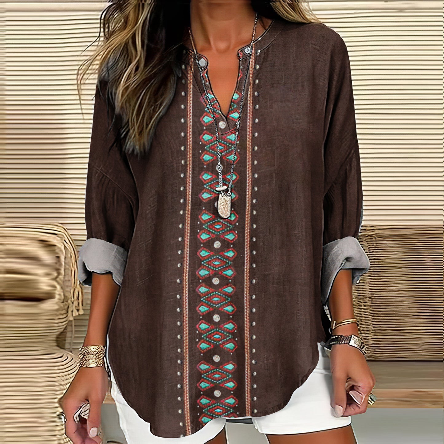 Western Style Printed V-neck Long Sleeved Shirt