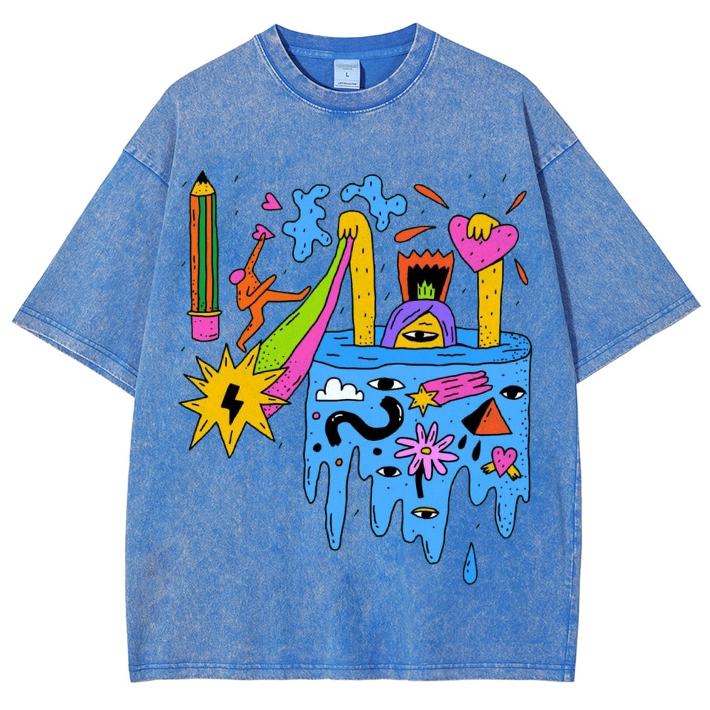 Unisex Abstract Art Eyes Printed Washed Tee