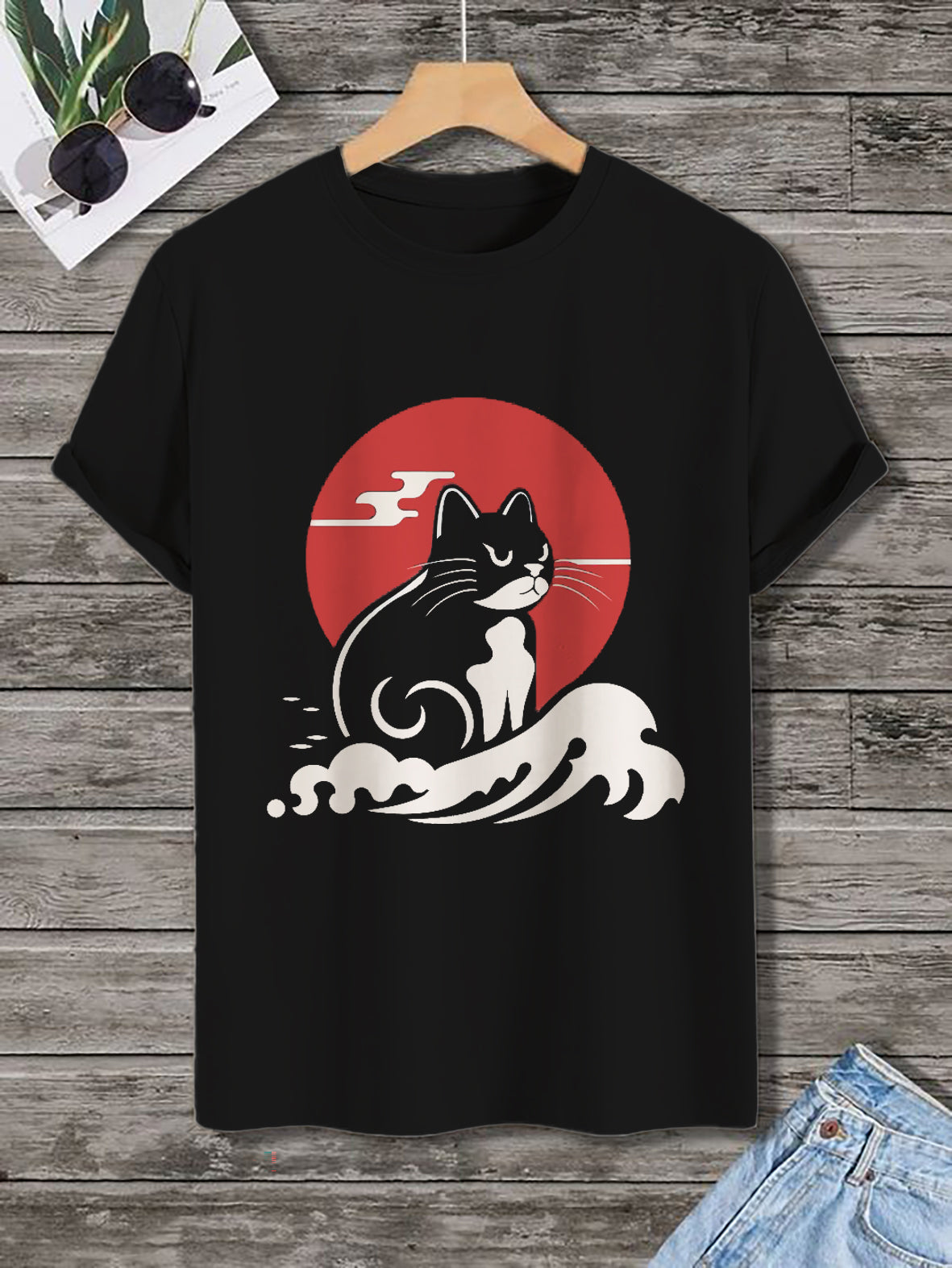 100% Cotton Japan Sea Wave Cat Print Casual T-Shirt