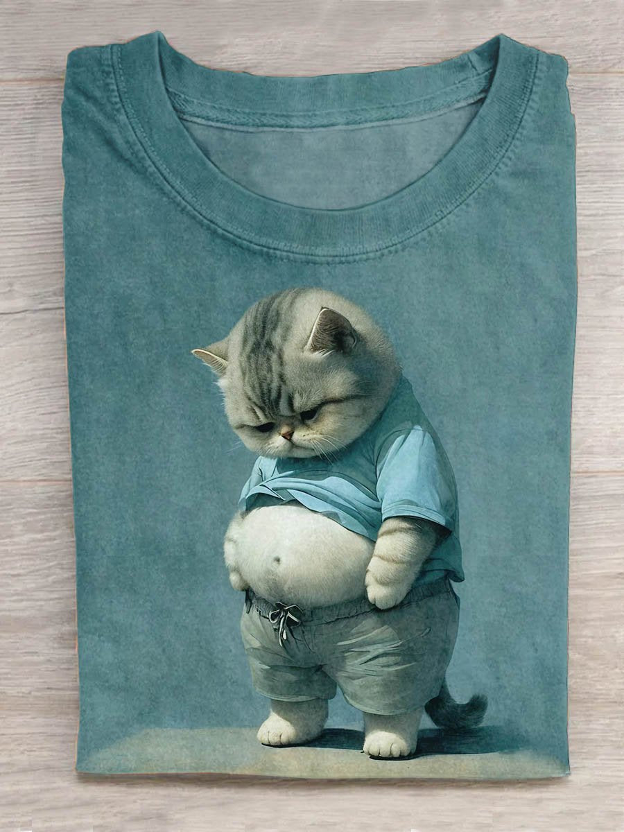 Funny Fat Cat Art Design Print T-shirt