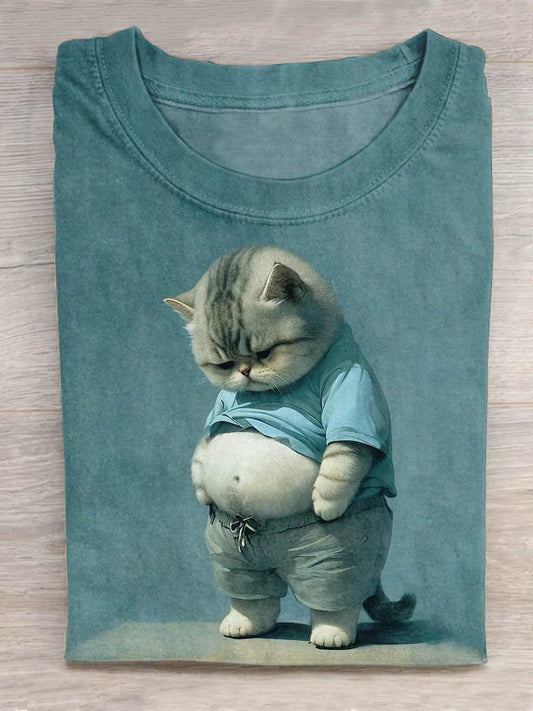 Funny Fat Cat Art Design Print T-shirt