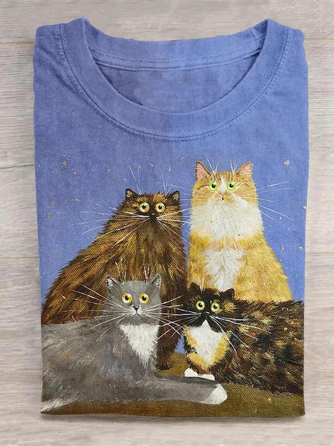 Funny Cats Meeting Art Print Casaul Short Sleeve T-shirt